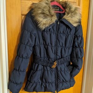 C’esttoi Navy Fur Hooded Puffer Coat with Belt